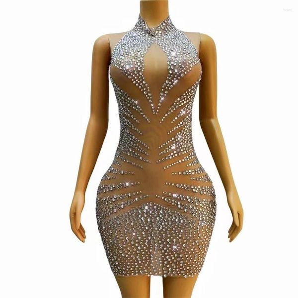 Stage Wear Femmes Sexy Sparkly Argent Noir Strass Mesh Robe Transparente Outfit Anniversaire Club Party Poshoot Collections
