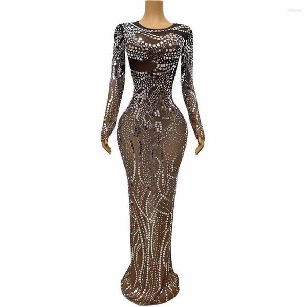 Stage Wear Femmes Sexy Sparkly Silver Paillettes Strass Transparent Mesh Robe Anniversaire Célébrer Outfit Performance Costume