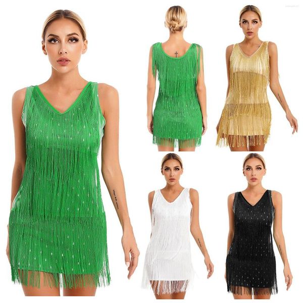 Vêtements de scène femmes Sexy gland robe robes à franges sans manches Club nuit bal salle de bal Samba frange danse clapet crayon Mini