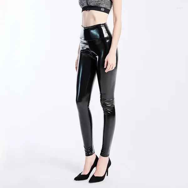 Etapa desgaste mujeres brillante imitación cuero apretado sexy pantalones metálicos legging cintura alta aspecto mojado pantalones brillo flaco negro streetwear