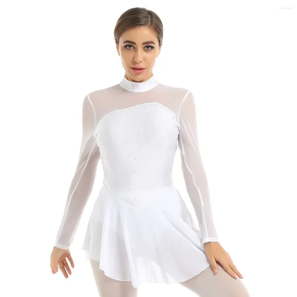 Stage Wear Femmes Brillant Figure Patinage sur glace Roller Ballet Robe de danse Strass Sheer Mesh Manches longues Keyhole Justaucorps