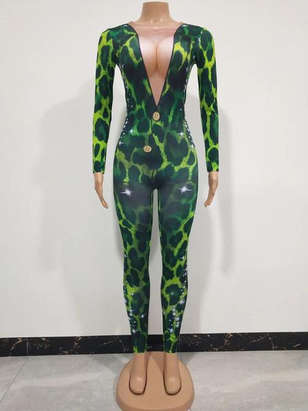 Stage Wear Femmes Chanteur Bar Discothèque Costume Vert Léopard Prints Skinny Combinaison À Manches Longues Col Rond Élastique Justaucorps Barboteuses