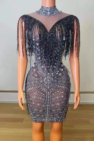 Stage Wear Femmes Chanteur Star Concert Sparkly Strass Mesh Gland Robe Moulante Transparent Costume Sexy Prom Party Anniversaire Dres