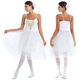 Desgaste de la etapa Mujeres Lentejuelas sin mangas Vestido de bailarina con sombreros Múltiples capas Falda tutú de tul Rendimiento Traje de baile blanco para ballet
