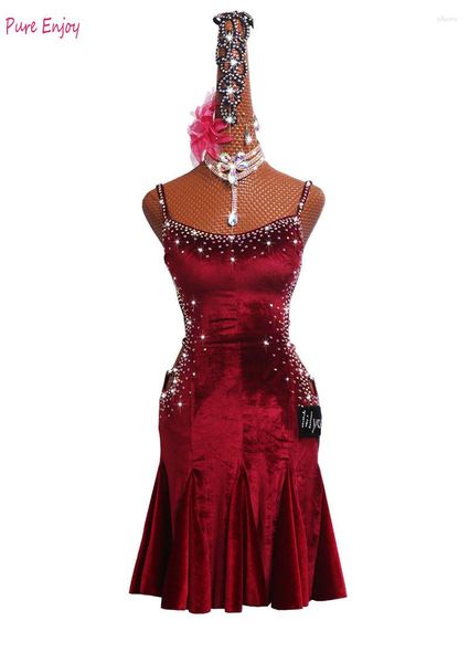 Ropa de escenario para mujer, tirantes, vestido latino para niñas, terciopelo rojo, diamantes de imitación, salón de baile, Tango, Rumba moderna, Cha, Salsa, traje de baile