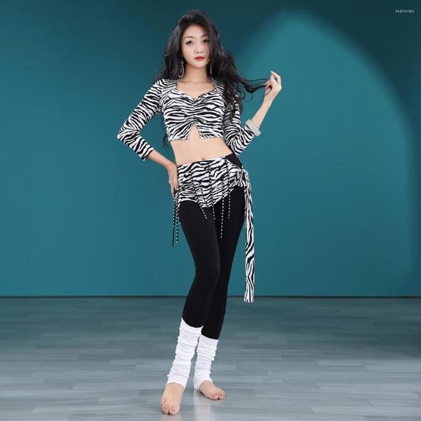 Ropa de escenario para mujer, tela de leopardo cebra, traje de danza del vientre, Top de actuación, pantalones, calcetines, espectáculo de bailarina Sexy, conjunto de 4 uds, tela de práctica de baile