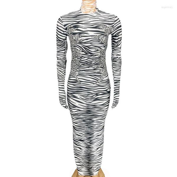 Stage Wear Femmes Zebra Motif Robe longue avec des gants Party Prom Anniversaire Soirée Sexy Performance Costume Show