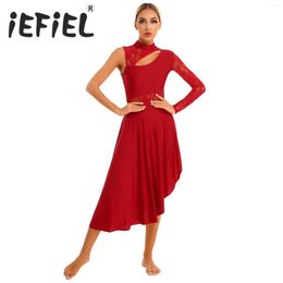 Stage Wear Womens Ballet Dance Dress Lyrical Contemporary Ballerina Vêtements Dentelle Découpe Une Épaule À Manches Longues Side Split Robes