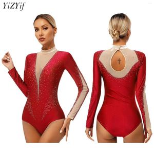 Stage Wear Womens Ballet Dance Tuchard Gymnastics Figuur Skating Performance competitie Competume Sheer Mesh Long Sleeve Bodysuit Unitard