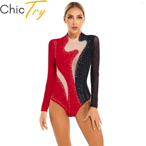 Stage Wear Femmes Ballet Gymnastique Justaucorps Sparkling Strass Sheer Mesh Body à manches longues pour la performance de danse de patinage sur glace