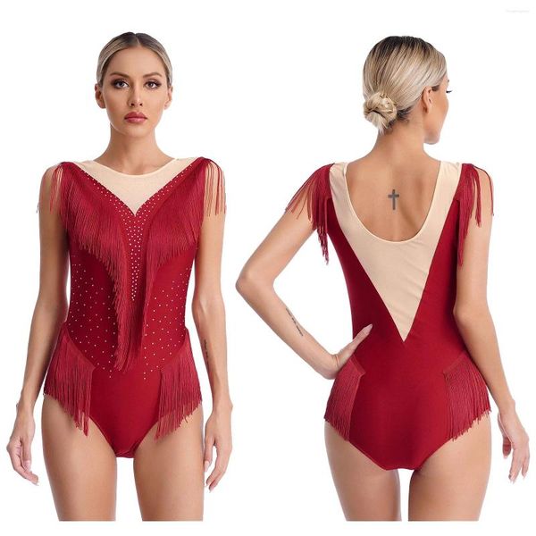 Stage Wear Femmes Ballet Gymnastique Justaucorps Costume De Danse Sheer Mesh Gland Sans Manches Body Sparkly Strass Frangé Unitard Dancewear