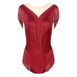 Stage Wear Femmes Ballet Danse Latine Justaucorps Gymnastique Patinage Artistique Performance Costume Sans Manches Brillant Strass Gland Dancewear