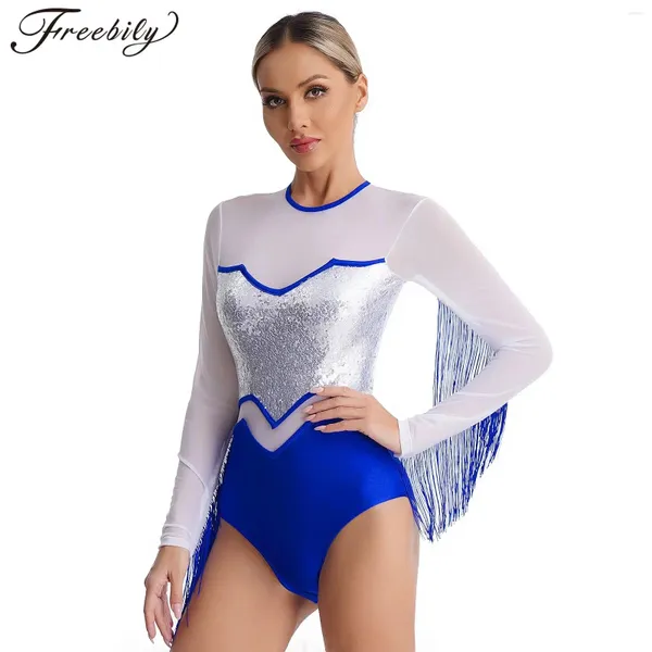 STAGE WEMPS Ballet Latin Dance Sequins Sparkly Tassel Tassel Patchwork Sheer Mesh Sans à manches longues Costume de performance de body à franges à manches longues