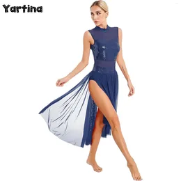 Stage Wear Womens Ballet Lyrical Dance Performance Kostuum Sparkly Pailletten Backless Strappy Dress Gymnastics Tuchard Skaten Moderne jurken Skaten Moderne jurken