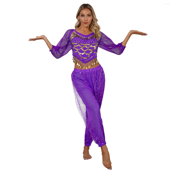 Stage Wear Femmes Belly Dance Pantalon en mousseline de soie Pantalon Costume Oriental Mode Paillettes Points Semi-Voir-Though Bloomers