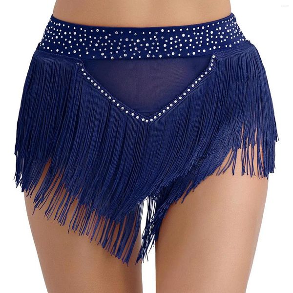 STAGE WEMPS Costume de danse du ventre haut élastique Voir à travers le short en maille Bottoms brillant strass