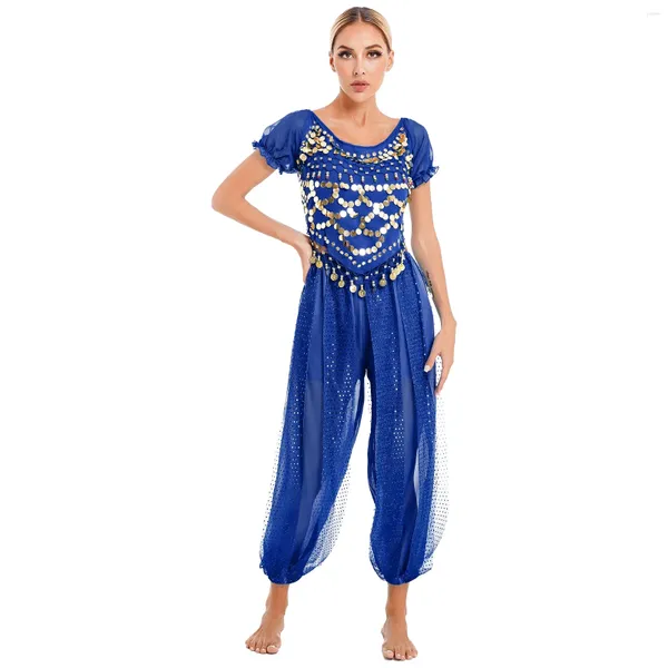 Costume de danse de ventre pour femmes Wear Womens Sparkly Bollywood Tenues de crop top à manches bouffantes à manches bouffantes avec pantalon harem pour la performance