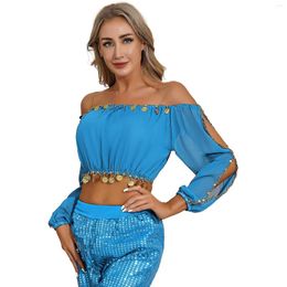 Wear Wear Womens Carnival Belly Dancing Danse Tops Pouaded perle Split Long Puff Sleve Crop Top