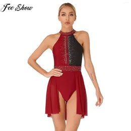 Stage Wear Femmes Figure Patinage Sur Glace Justaucorps Robe Ballet Danse Lyrique Gymnastique Performance Costume Brillant Strass Dos Nu Dancewear