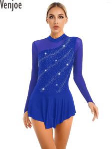 Stadiumkleding Dames Kunstschaatsen Dans Jurken Glitter Strass Sheer Mesh Lange mouw Gymnastiek Turnpakje Jurk Ballet Latin Dancewear