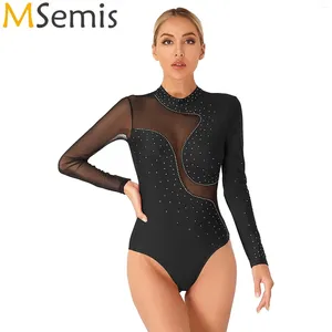 Etapa desgaste para mujer gimnasia danza acrobacia figura patinaje traje brillante rhinestone body sheer malla manga larga leotardo mono