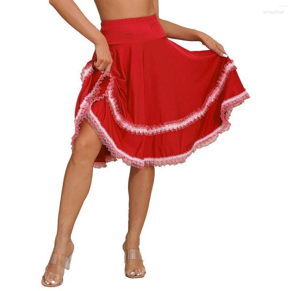 Ropa de escenario para mujer, faldas de baile Flamenco con volantes de encaje, cintura alta, elástica, acampanada, Midi, salón de baile, Rumba, disfraz de actuación