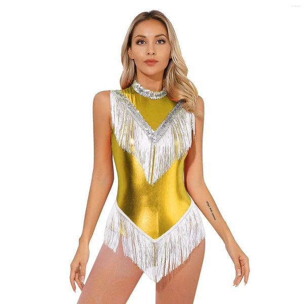 Etapa desgaste para mujer baile latino leotardo borla metálica lentejuelas brillantes body salón de baile samba rumba tango cha-cha baile rendimiento traje