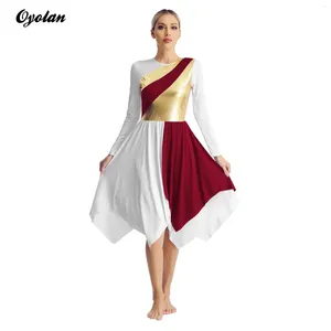 Stadiumkleding Womens Liturgische Lof Ballet Lyrische Dans Jurk Lange Mouw Metallic Asymmetrische Overlay Tuniek Jurken Aanbiddingskostuums