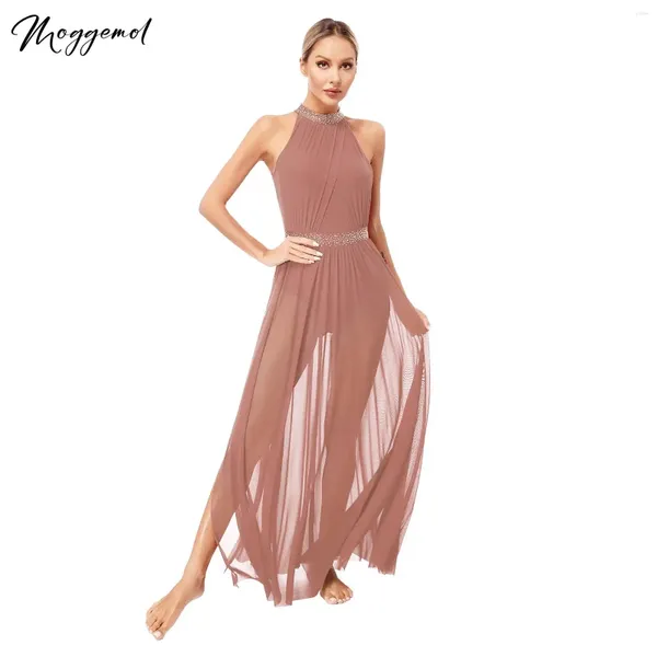 Stage Wear Womens Modern Lyrical Dance Dress Drinestone Split Maxi Sheer Flowy Tulle Ballroom Performance Dancewear