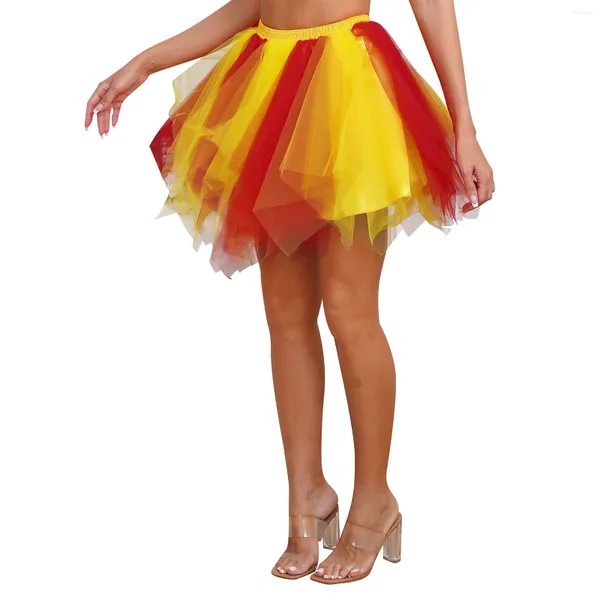 Stage Wear Femmes Multicouche Tutu Jupe Élastique Couleur Mixte Tulle Jupon Moelleux Jupon Halloween Sorcière Cosplay Costumes