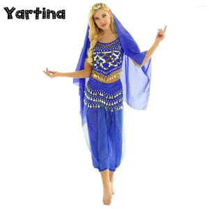 Wear Womens Oriental Belly Dance Performance Costume Crop paillette à manches bouffantes courte avec pantalon harem Scarpe Hipcarf