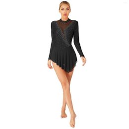 Stage Wear Dames Rhinestone Ballet Dance Jurk lange mouw mesh splice figuur schaatsen gymnastiek tuidardcompetities Prestaties kostuums