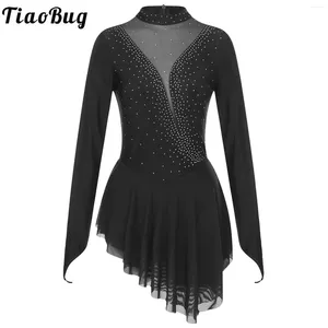 Stage Draag dames strass figuur schaatsenjurken met lange mouwen mesh patchwork turnard gymnastiek dance ballet jurk performance kostuum