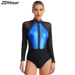 Stage Wear Dames Rhinestones Dance Tuchard kleurblok patchwork sleutelgat terug pure mesh bodysuit voor gymnastiek kunstschaatsen