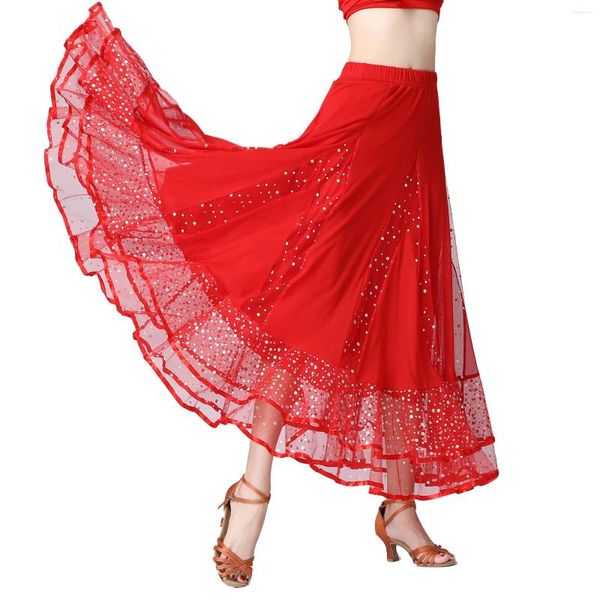 Escenario desgaste lentejuelas para mujer tul flamenco vals salón de baile falda baile carnaval rendimiento ancho dobladillo faldas largas