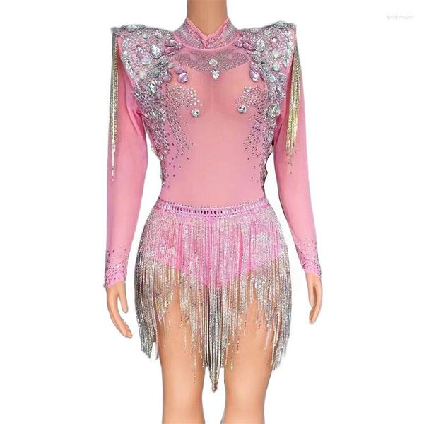 Escenario desgaste mujer sexy body brillante rhinestone apliques rosa club nocturno vestido cristal flecos rendimiento personalizado baile noche