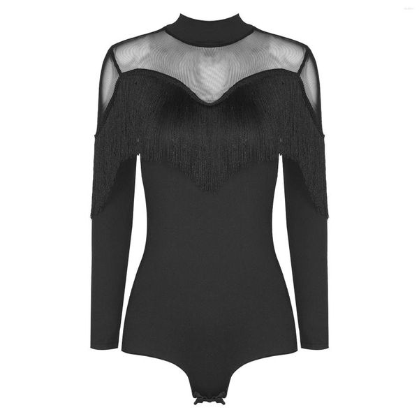 Vêtements de scène femmes maille transparente frangée body col montant à manches longues gland justaucorps pour Tango Cha-Cha Performance de danse latine