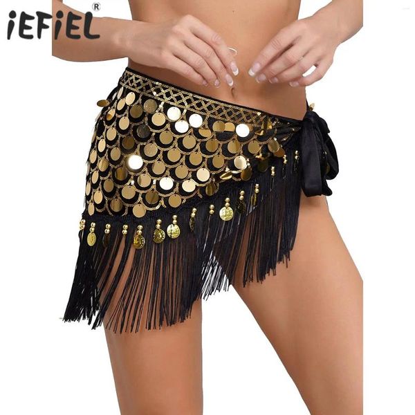 Stage Wear Femmes Jupe Halloween Danse du ventre À lacets Hip Fishscale Paillettes Perles Coin Fringe Écharpe Wrap Festival Costumes