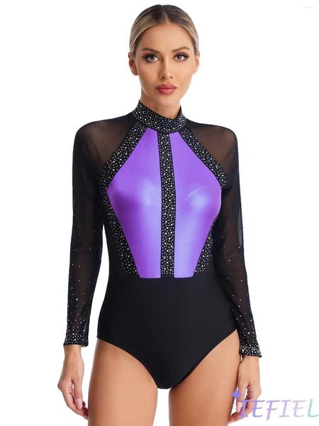 Etapa desgaste para mujer brillantes diamantes de imitación latino unitard gimnasia competencia ballet manga larga malla empalme body vestido de patinaje elegante