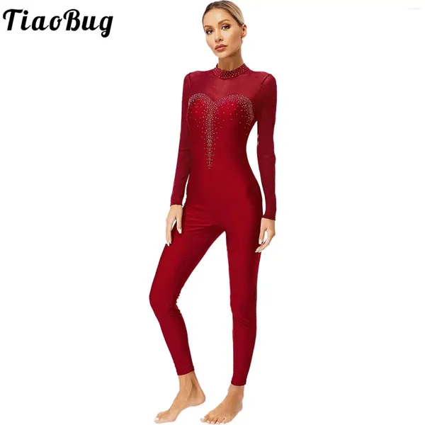 Wear Wear Womens Sparkly strassons Leotard Jumps Suit Dance Mesh Patchwork Body à manches longues pour patinage de patinage artistique Performance