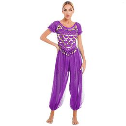 Stage Wear Womens Sparkly Sequin Belly Dance Performance Outfit Puff Sleeve Lace-Up Back Crop Top Harem Pants Dancewear