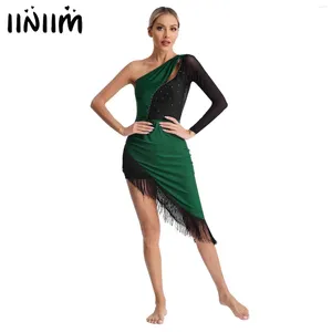 STAGE WEMPS FEMANS DANSE LATIN ROBE DANS LES RHINESTONS brillantes Salsa Tango Ballroom Dancewear avec shorts Costume de performance moderne