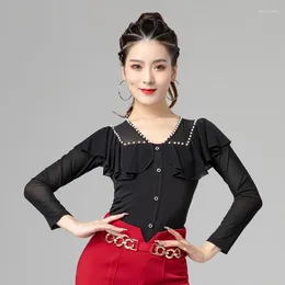 Stage Wear X154 Latin Dancers Blouse Moderne Dance Waltz Tops National Standard Slanke Schuine Leaf Top oefenkleding