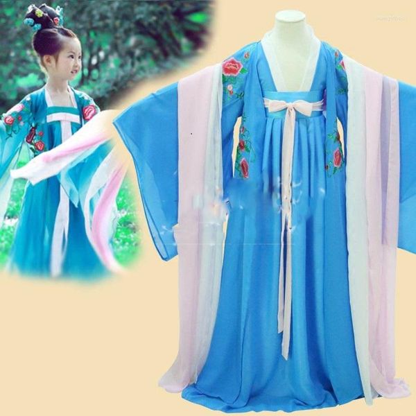 Desgaste de la etapa Yan Ran Apliques de gasa azul Bordado Hanfu Little Girl Tang Cintura alta Día de los niños Actuación Cosplay