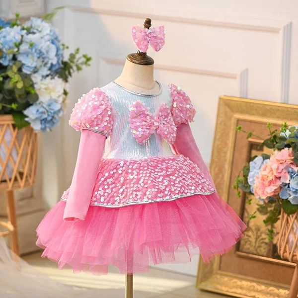 Escenario desgaste Día del año Rendimiento infantil Niñas Fluffy Princess Veil Kindergarten Pink Lentejuelas Ropa linda Larga