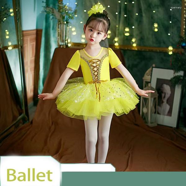 Vêtements de scène robe de danse de Ballet jaune enfants filles sans manches maille Tulle justaucorps de gymnastique Performance Costumes lyriques