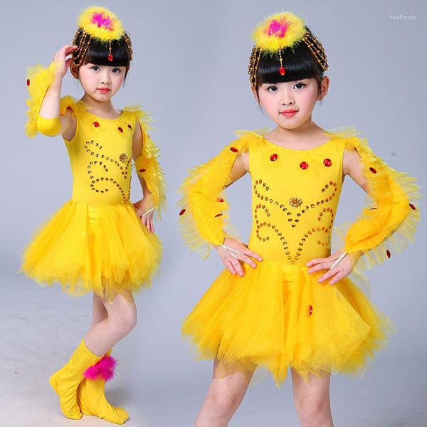 Escenario desgaste amarillo niños rendimiento salón de baile vestido niños niñas ropa de baile faldas trajes de traje latino