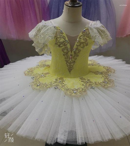 Vêtements de scène en tissu Jacquard jaune, conception d'oeil de crochet, enfants adultes professionnels, jupes Tutu de ballet.TUTU-9