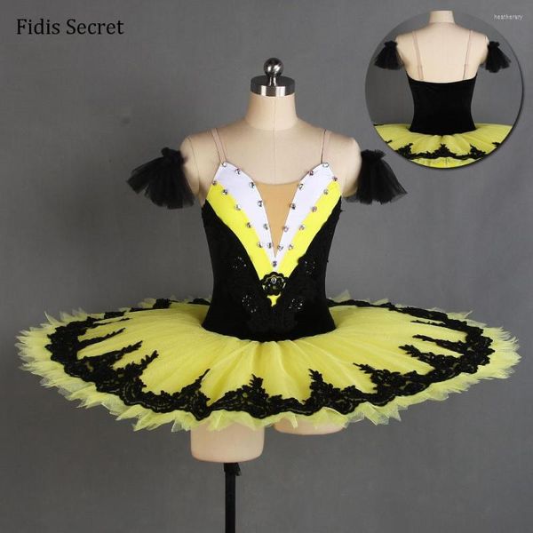 Stage Wear Jaune Plissé Tulle Noir Velours Corsage Crêpe Ballet Tutu Robe Femmes Ballerine Danse Performance Costumes Professionnels