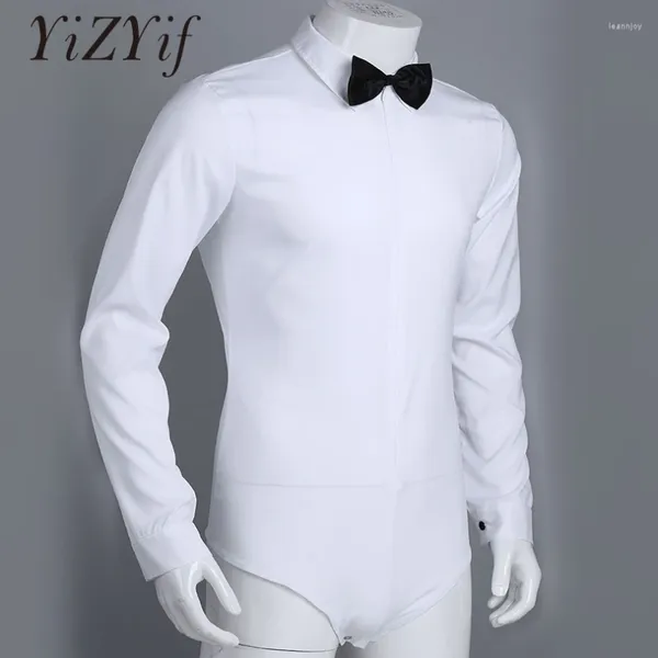 Etapa desgaste yizyif baile latino para hombre manga larga cremallera color sólido camisa moderna con pajarita traje de mameluco de una pieza